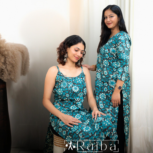 Green flower print kurti pant style - 2 design